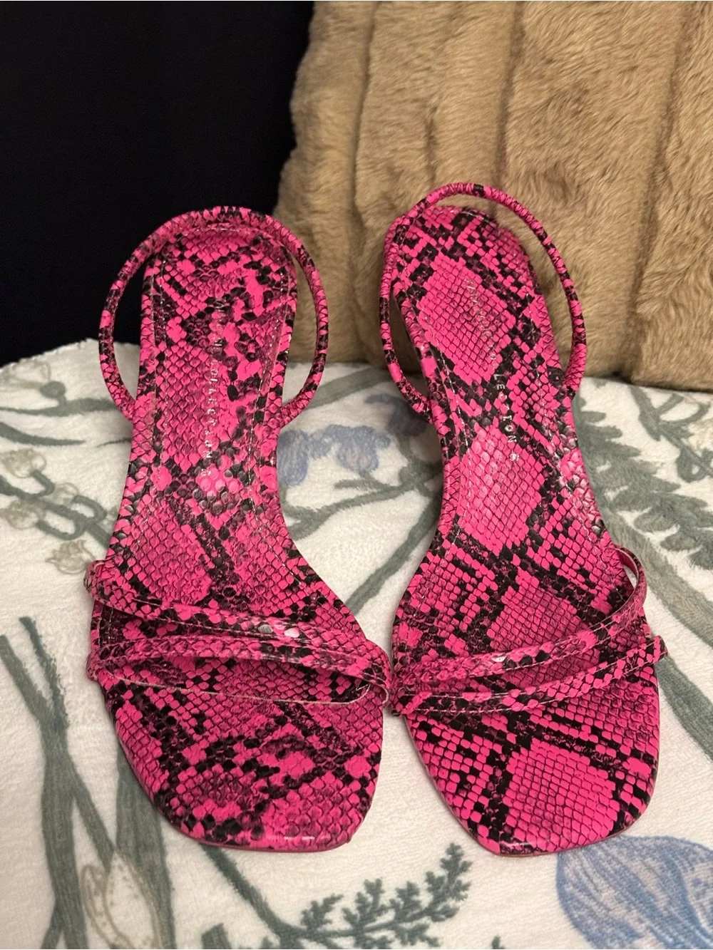 Zara Pink Snakeskin Kitten Heel Sandals | Square Toe | Size 39 - Picture 2 of 5